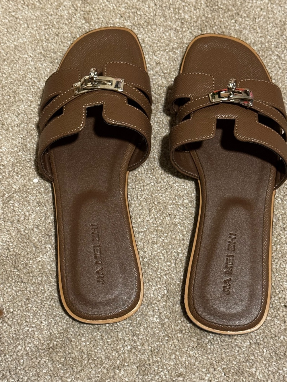 Brown Women's Slide Sandals with Silver Buckle